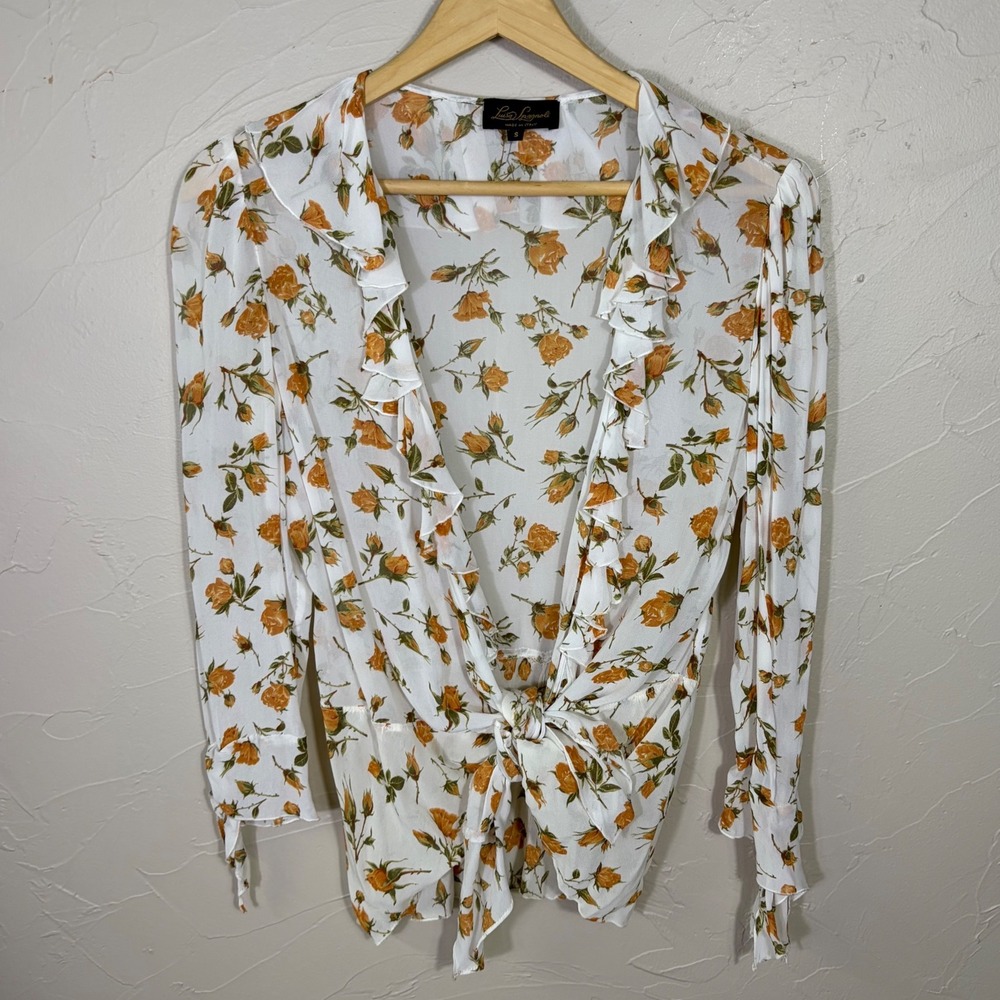 Luisa Spagnoli Blouse Floral Ruffle Tie Front Womens Small White Italian Cottage
